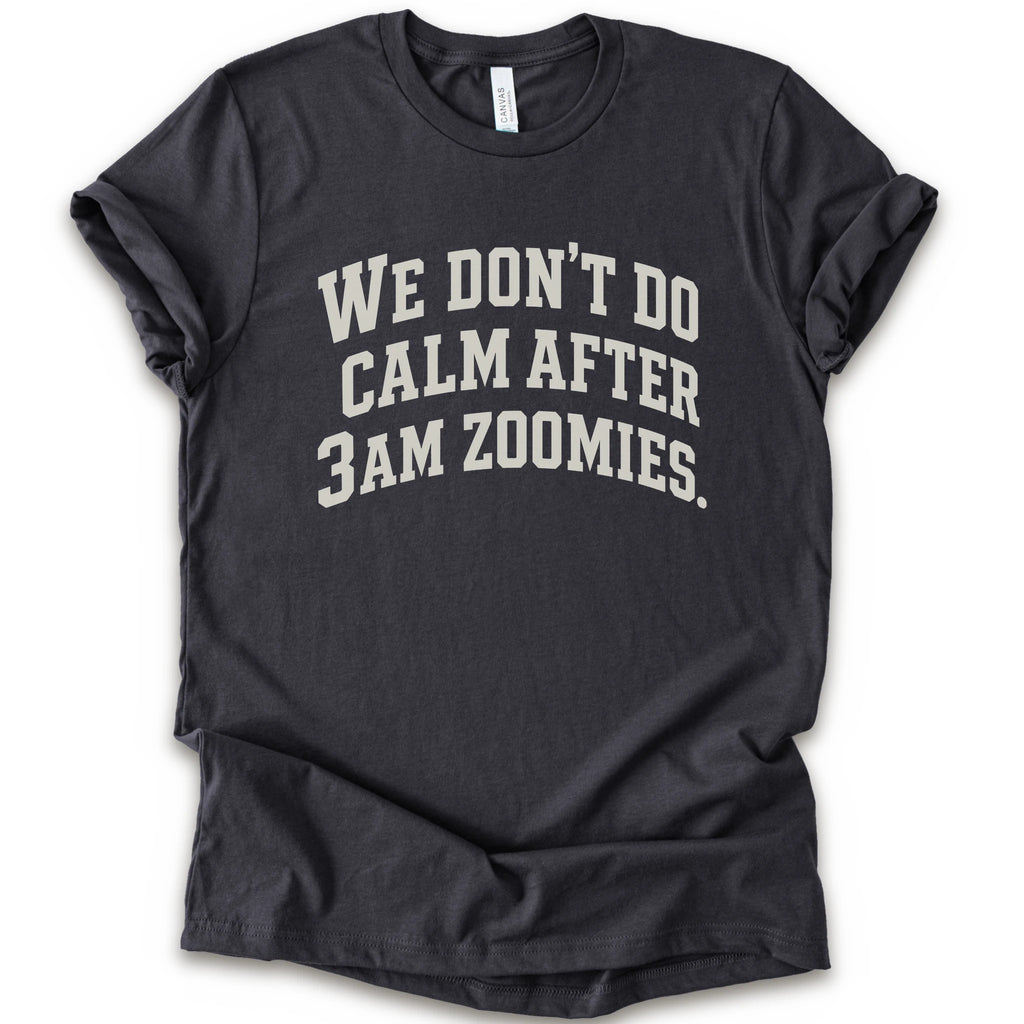 A dark grey short-sleeve crewneck t-shirt with the text 'WE DON'T DO CALM AFTER 3AM ZOOMIES.' printed in a distressed white font on the front.