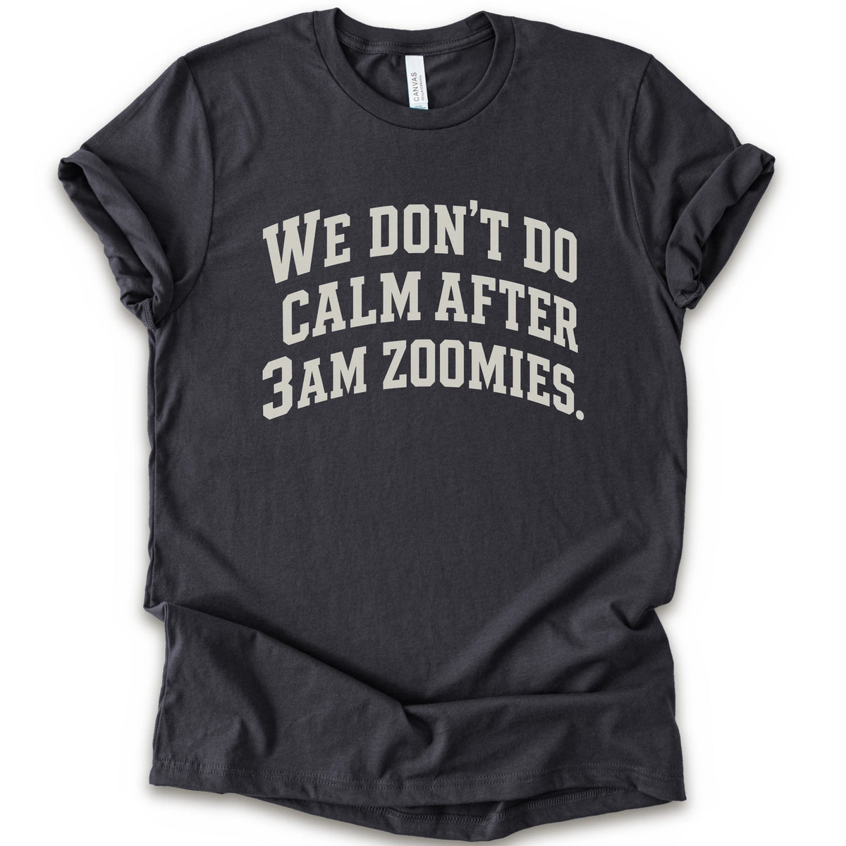 A dark grey short-sleeve crewneck t-shirt with the text 'WE DON'T DO CALM AFTER 3AM ZOOMIES.' printed in a distressed white font on the front.