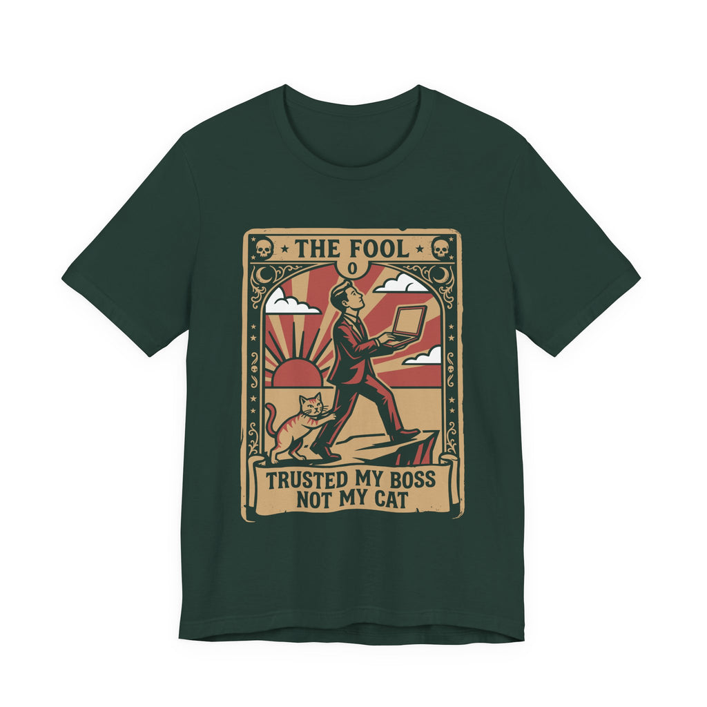 Green Tee with Vintage tarot card with a man holding a laptop, a striped cat, and text “Trusted My Boss Not My Cat”
