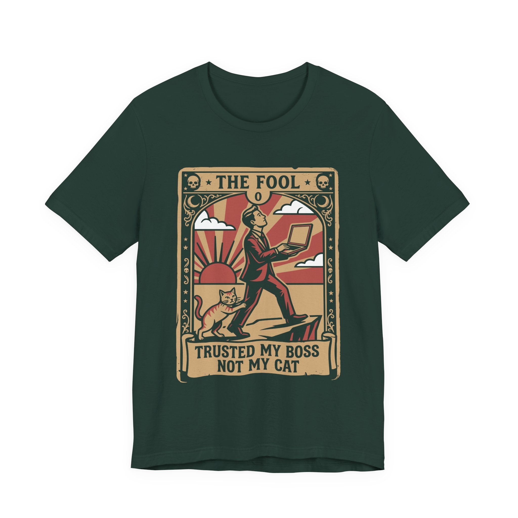 Green Tee with Vintage tarot card with a man holding a laptop, a striped cat, and text “Trusted My Boss Not My Cat”