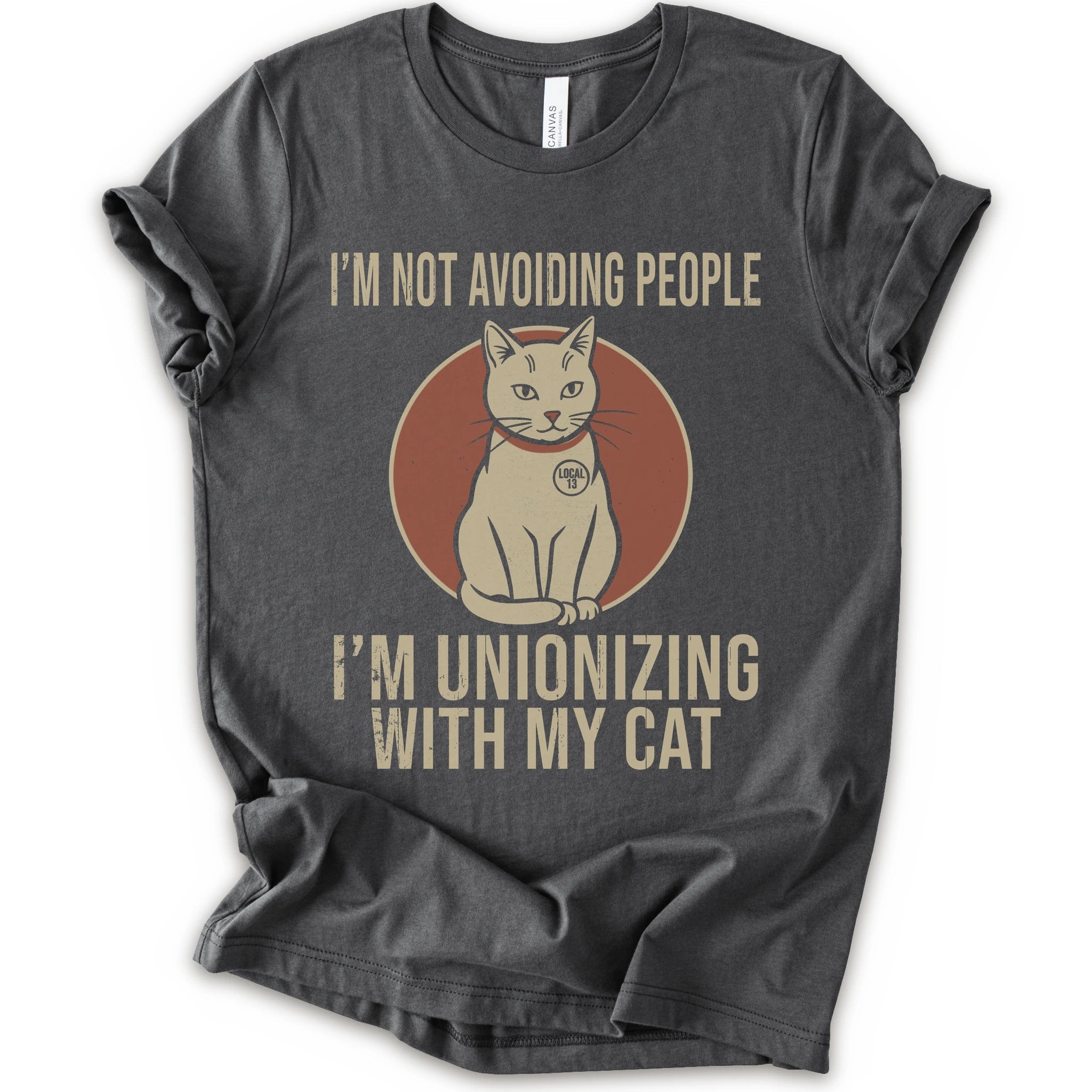 An asphalt short-sleeve crewneck T-shirt with a retro cat graphic and “I’m Not Avoiding People, I’m Unionizing With My Cat” text.