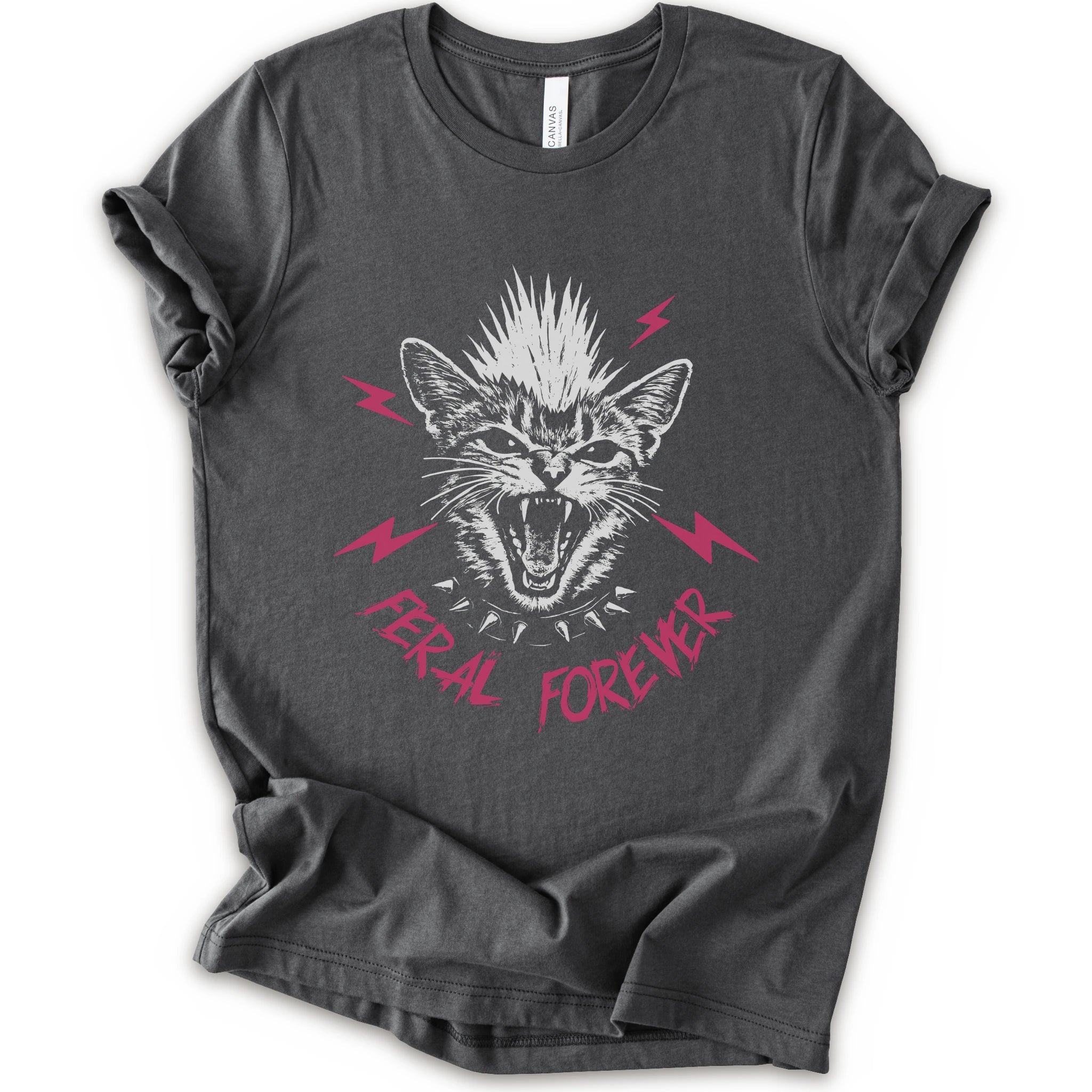 A asphalt short-sleeve t-shirt with a graphic of a snarling cat with a mohawk, pink lightning bolts, and the text 'FERAL FOREVER' in pink.