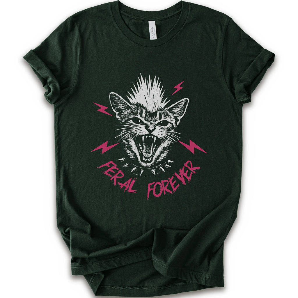 A natural short-sleeve t-shirt with a graphic of a snarling cat with a mohawk, pink lightning bolts, and the text 'FERAL FOREVER' in pink.