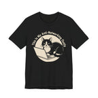 Black Tee with Black-and-white cat at a laptop beneath “This Is My Anti-Networking Outfit” in a circular retro design