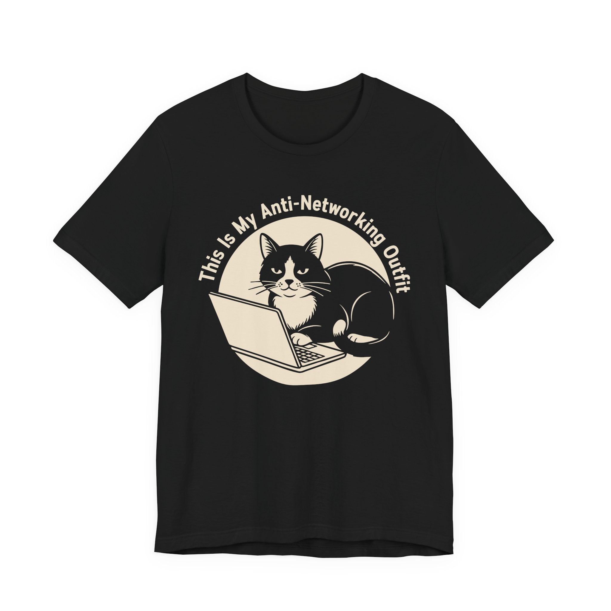 Black Tee with Black-and-white cat at a laptop beneath “This Is My Anti-Networking Outfit” in a circular retro design