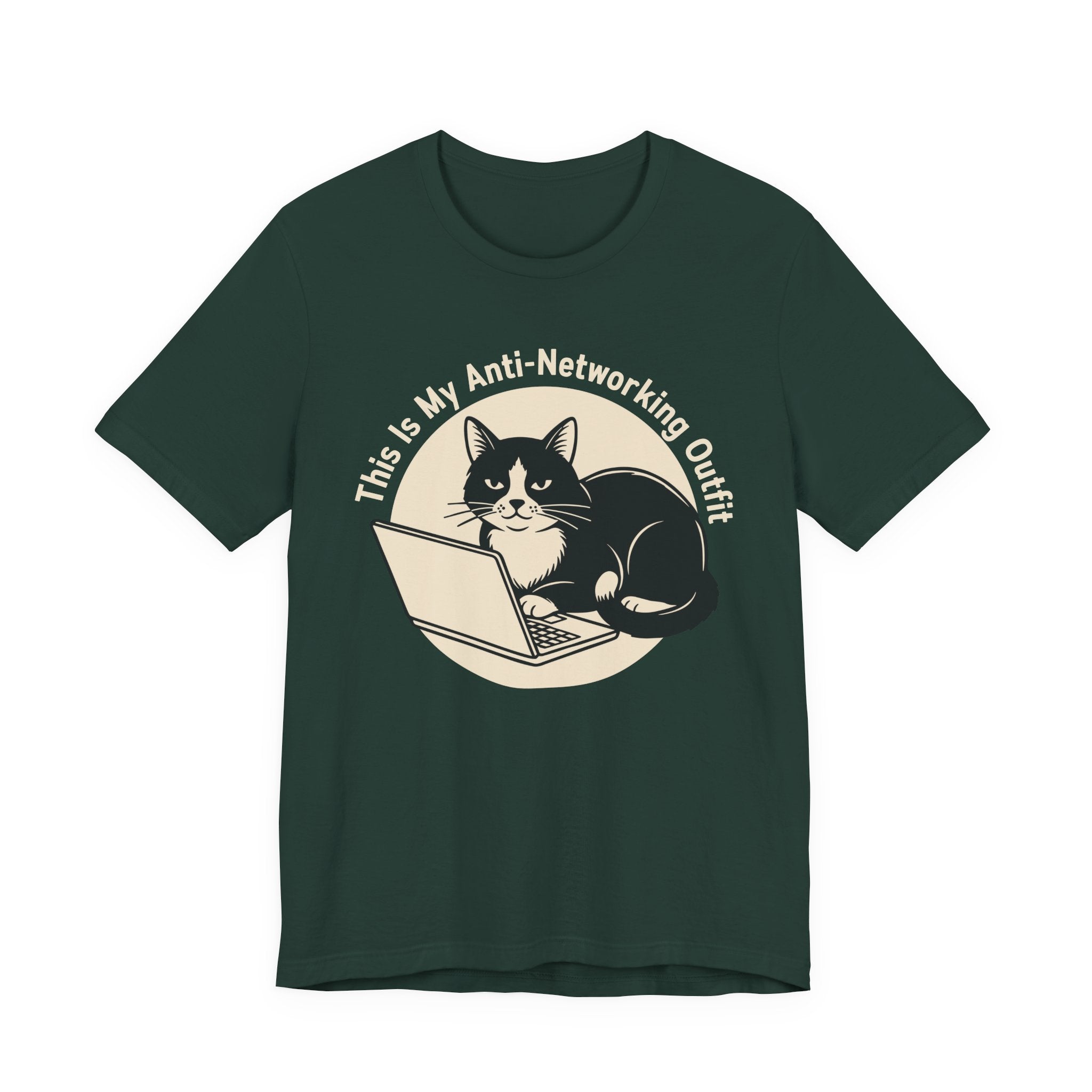 Green Tee with Black-and-white cat at a laptop beneath “This Is My Anti-Networking Outfit” in a circular retro design