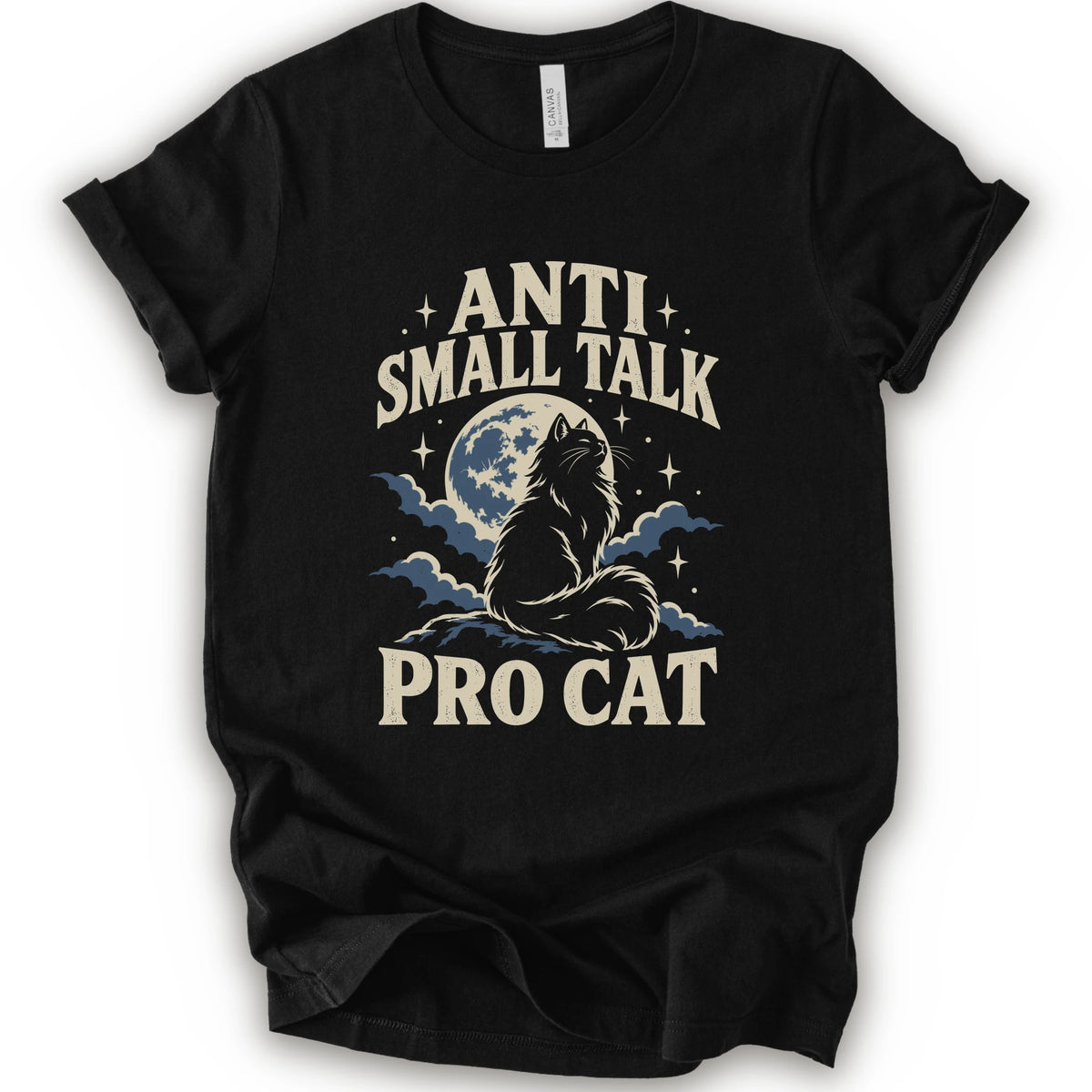 A black short-sleeve t-shirt with a graphic print featuring a cat silhouette in front of a full moon and clouds, with the text 'ANTI SMALL TALK PRO CAT' in a cream-colored font.