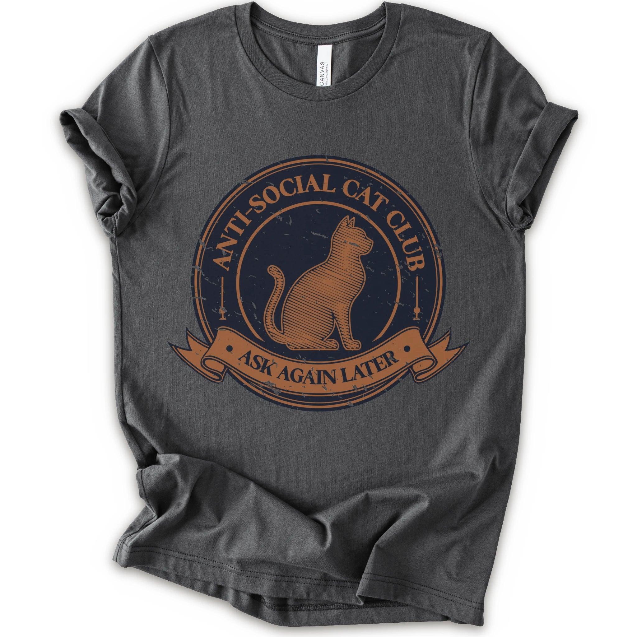 A asphalt short-sleeve crewneck t-shirt with a distressed graphic on the front featuring a cat and the text 'ANTI-SOCIAL CAT CLUB' and 'ASK AGAIN LATER'.
