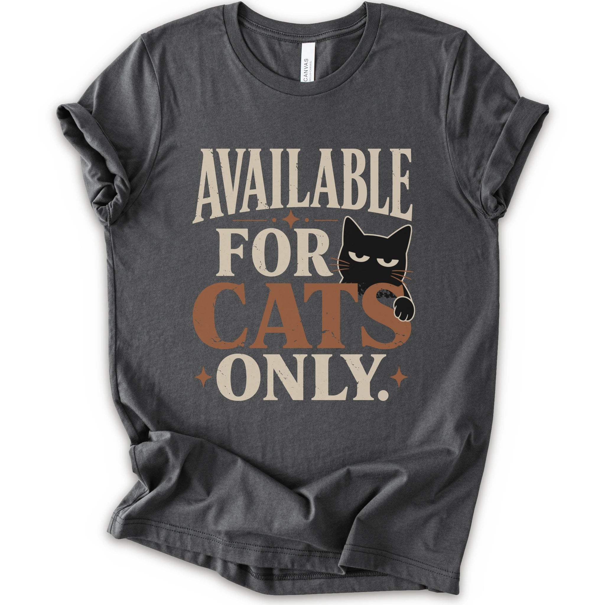 A asphalt short-sleeve t-shirt with a distressed graphic that reads 'AVAILABLE FOR CATS ONLY.' in beige and brown-orange lettering, featuring a black cat illustration.