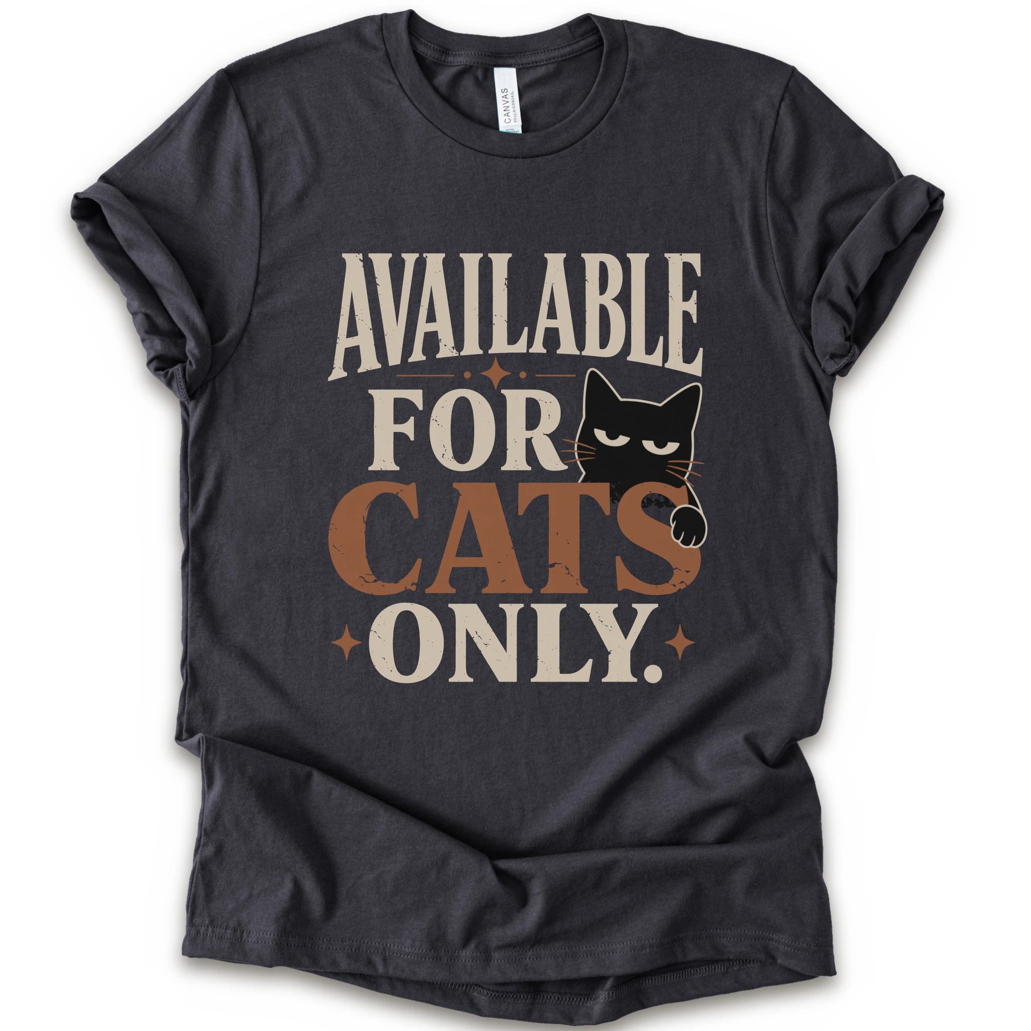 A dark grey short-sleeve t-shirt with a distressed graphic that reads 'AVAILABLE FOR CATS ONLY.' in beige and brown-orange lettering, featuring a black cat illustration.