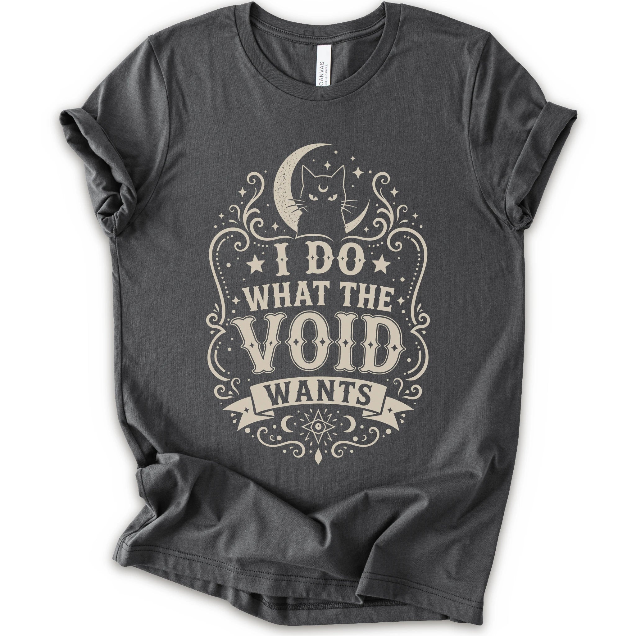 Asphalt t-shirt with a vintage-style cream graphic on the front. The graphic features a crescent moon, cat silhouette, stars, and the text 'I DO WHAT THE VOID WANTS'.