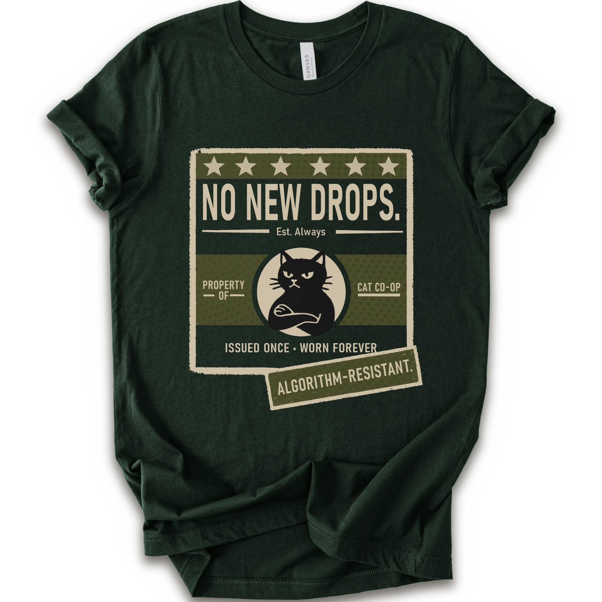 A forest short-sleeve crewneck t-shirt with a vintage-style graphic print on the front. The graphic features a distressed beige and olive green box with the text 'NO NEW DROPS.