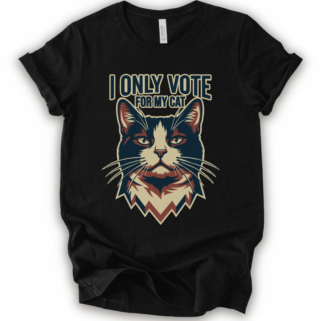 A black short-sleeve t-shirt with a graphic print of a cat's face and the text 'I ONLY VOTE FOR MY CAT' in a stylized font.