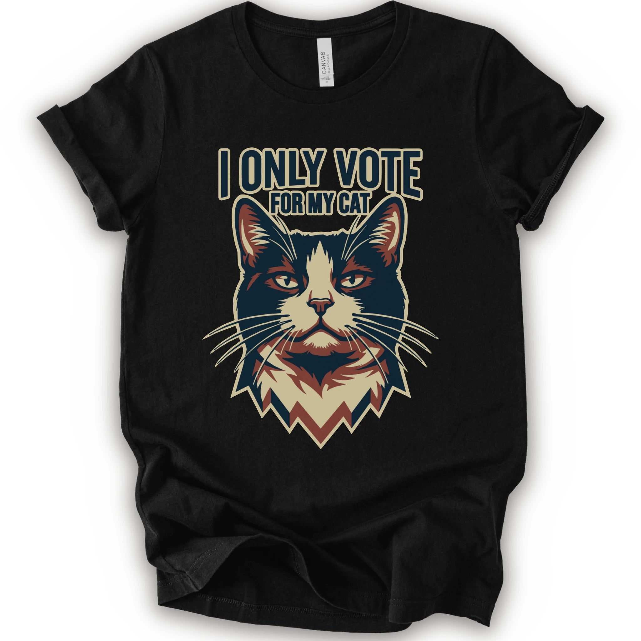 A black short-sleeve t-shirt with a graphic print of a cat's face and the text 'I ONLY VOTE FOR MY CAT' in a stylized font.