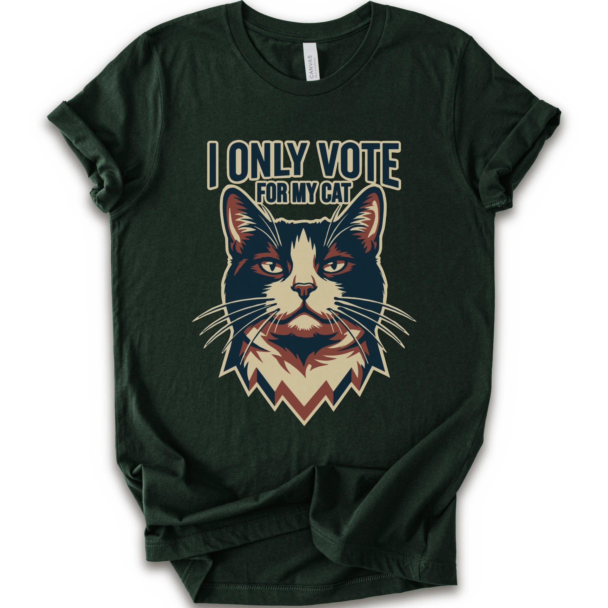 A natural short-sleeve t-shirt with a graphic print of a cat's face and the text 'I ONLY VOTE FOR MY CAT' in a stylized font.
