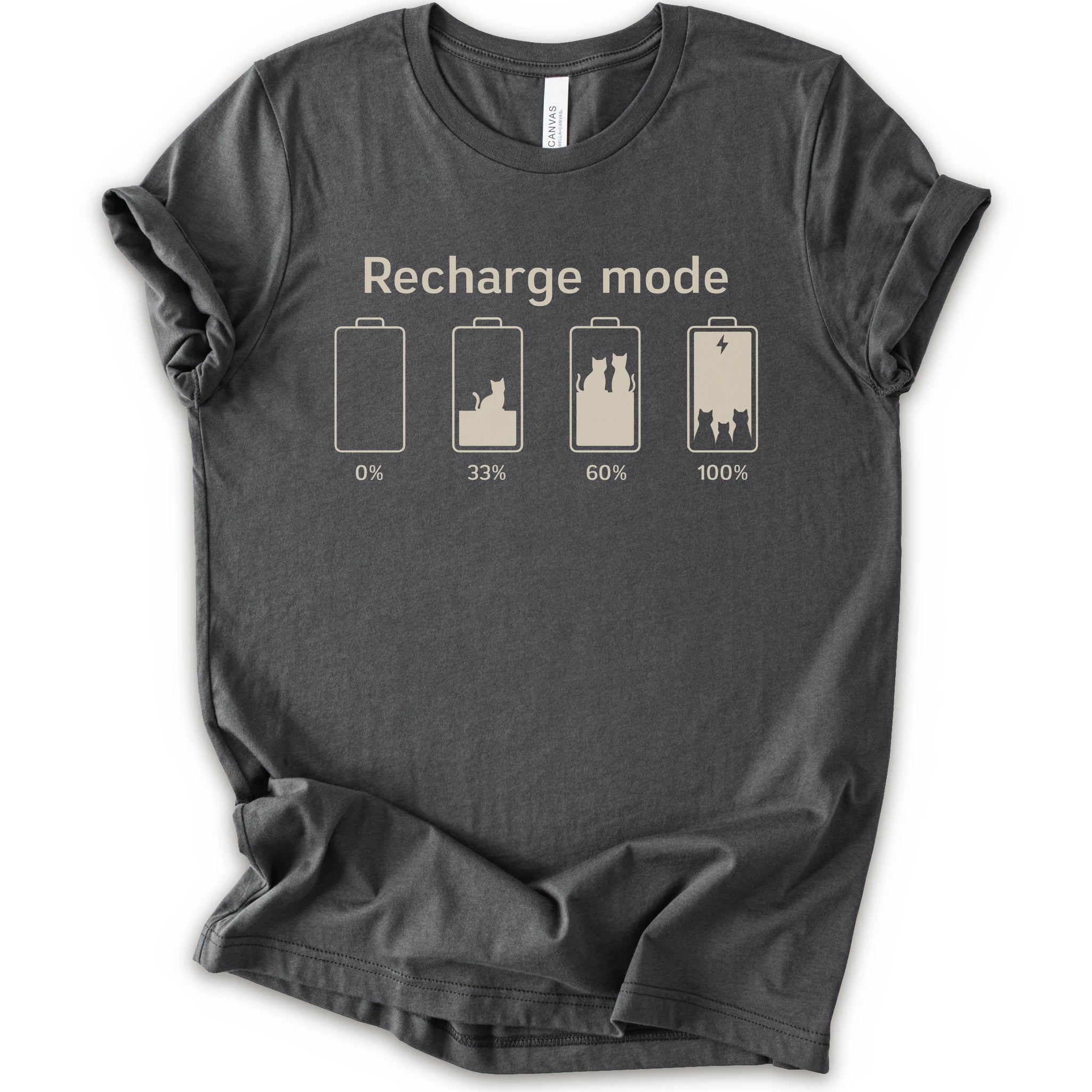 A asphalt short-sleeve crewneck t-shirt with a graphic print on the front. The graphic features the text 'Recharge mode' above four battery icons showing battery levels from 0% to 100% with a cat silhouette inside the batteries.