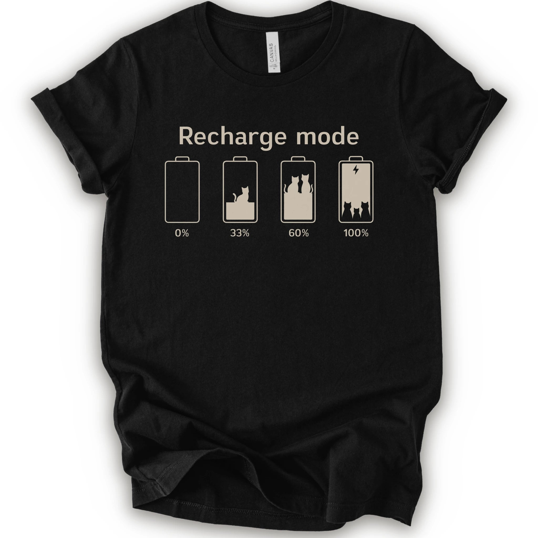 A black short-sleeve crewneck t-shirt with a graphic print on the front. The graphic features the text 'Recharge mode' above four battery icons showing battery levels from 0% to 100% with a cat silhouette inside the batteries.