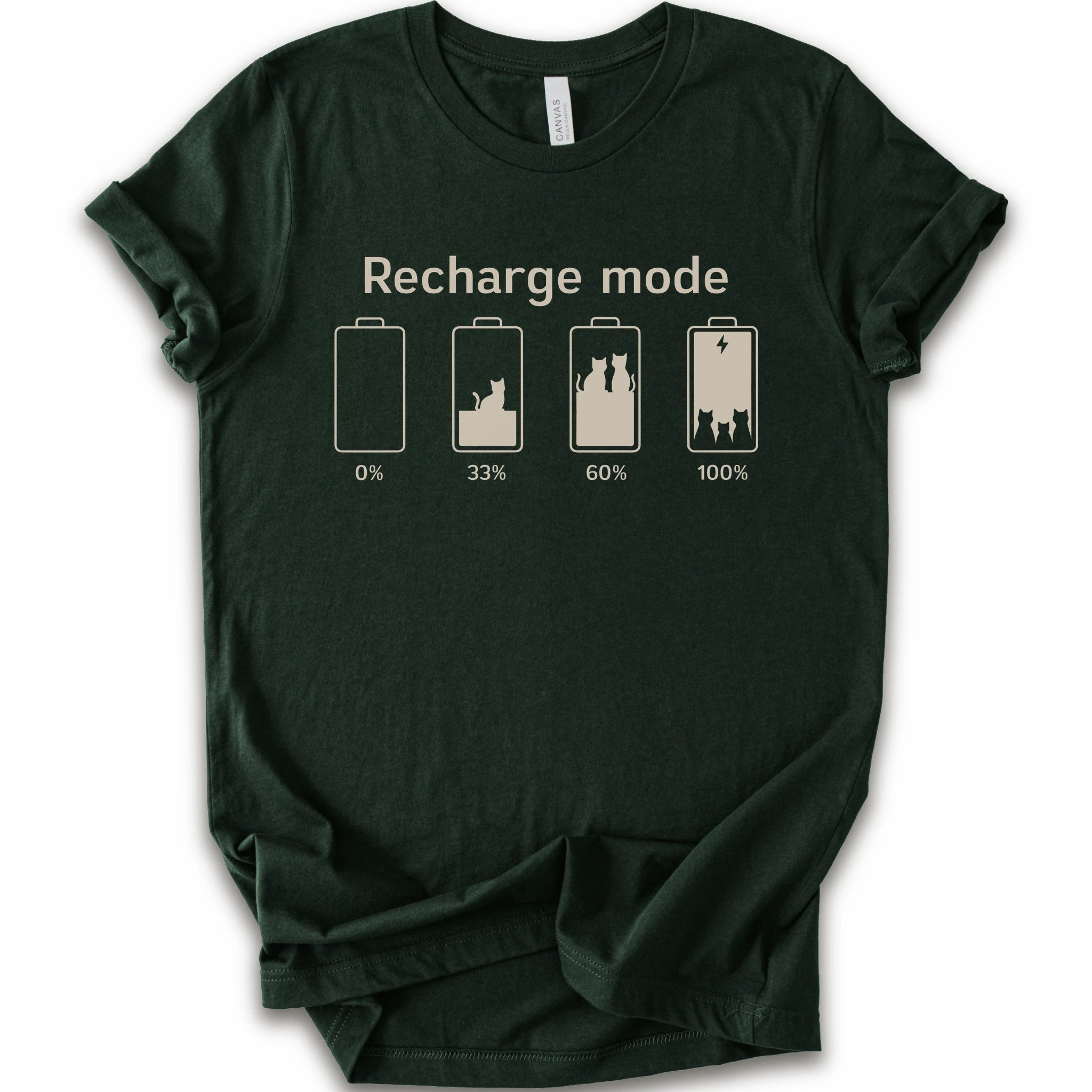 A forest short-sleeve crewneck t-shirt with a graphic print on the front. The graphic features the text 'Recharge mode' above four battery icons showing battery levels from 0% to 100% with a cat silhouette inside the batteries.
