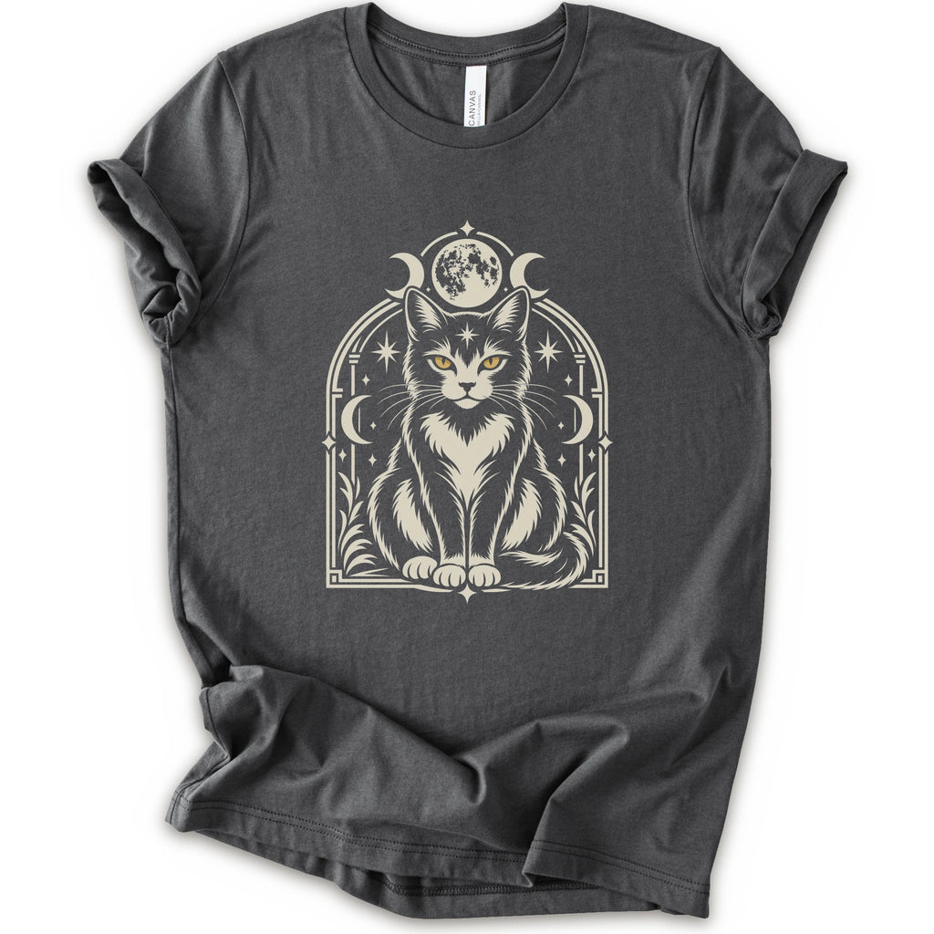 An asphalt short-sleeve crewneck t-shirt featuring a detailed graphic of a black and white cat with yellow eyes, framed by crescent moons and stars.