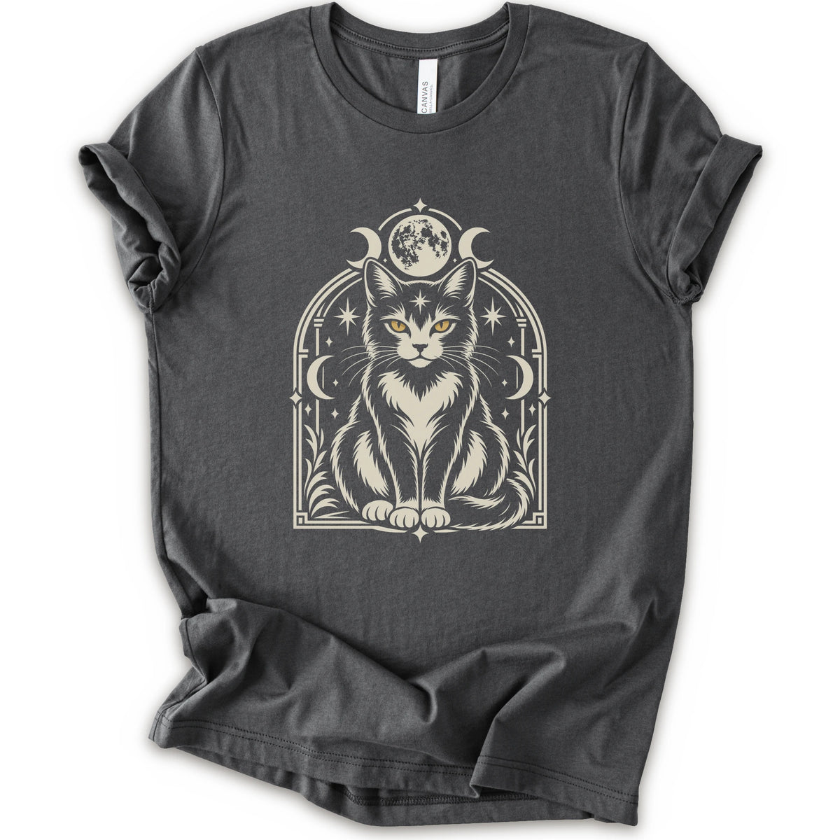 An asphalt short-sleeve crewneck t-shirt featuring a detailed graphic of a black and white cat with yellow eyes, framed by crescent moons and stars.