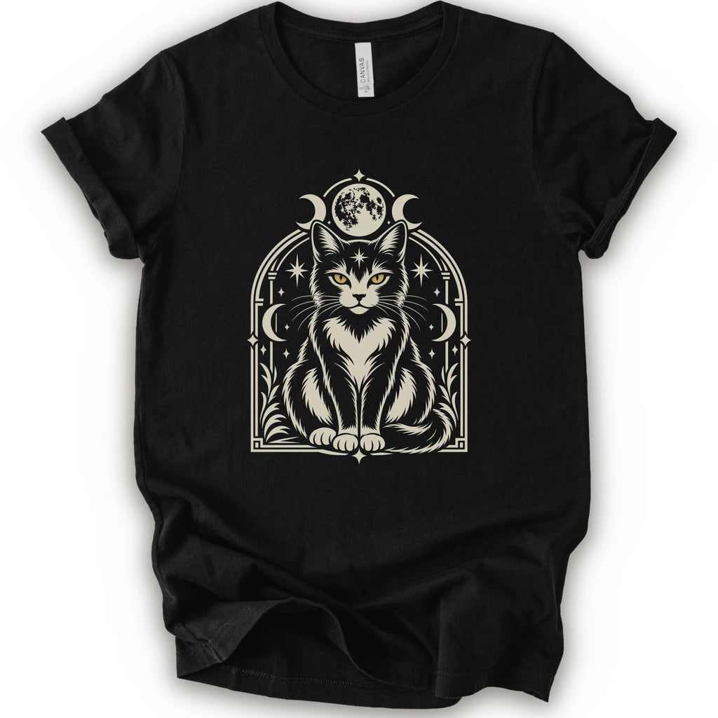 A black short-sleeve crewneck t-shirt featuring a detailed graphic of a black and white cat with yellow eyes, framed by crescent moons and stars.