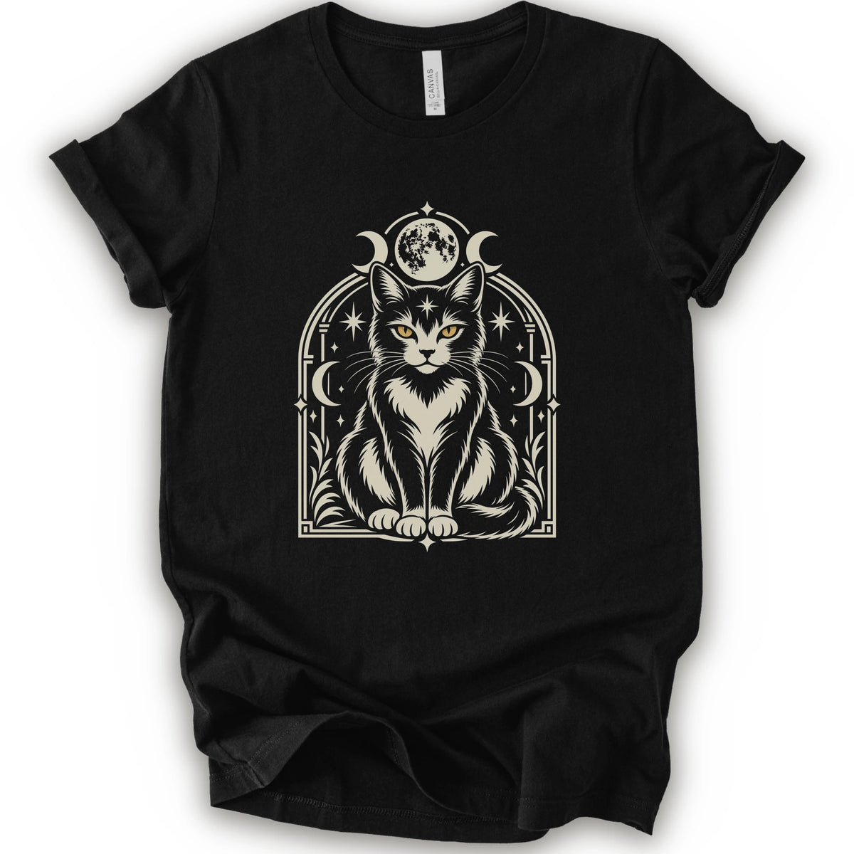 A black short-sleeve crewneck t-shirt featuring a detailed graphic of a black and white cat with yellow eyes, framed by crescent moons and stars.