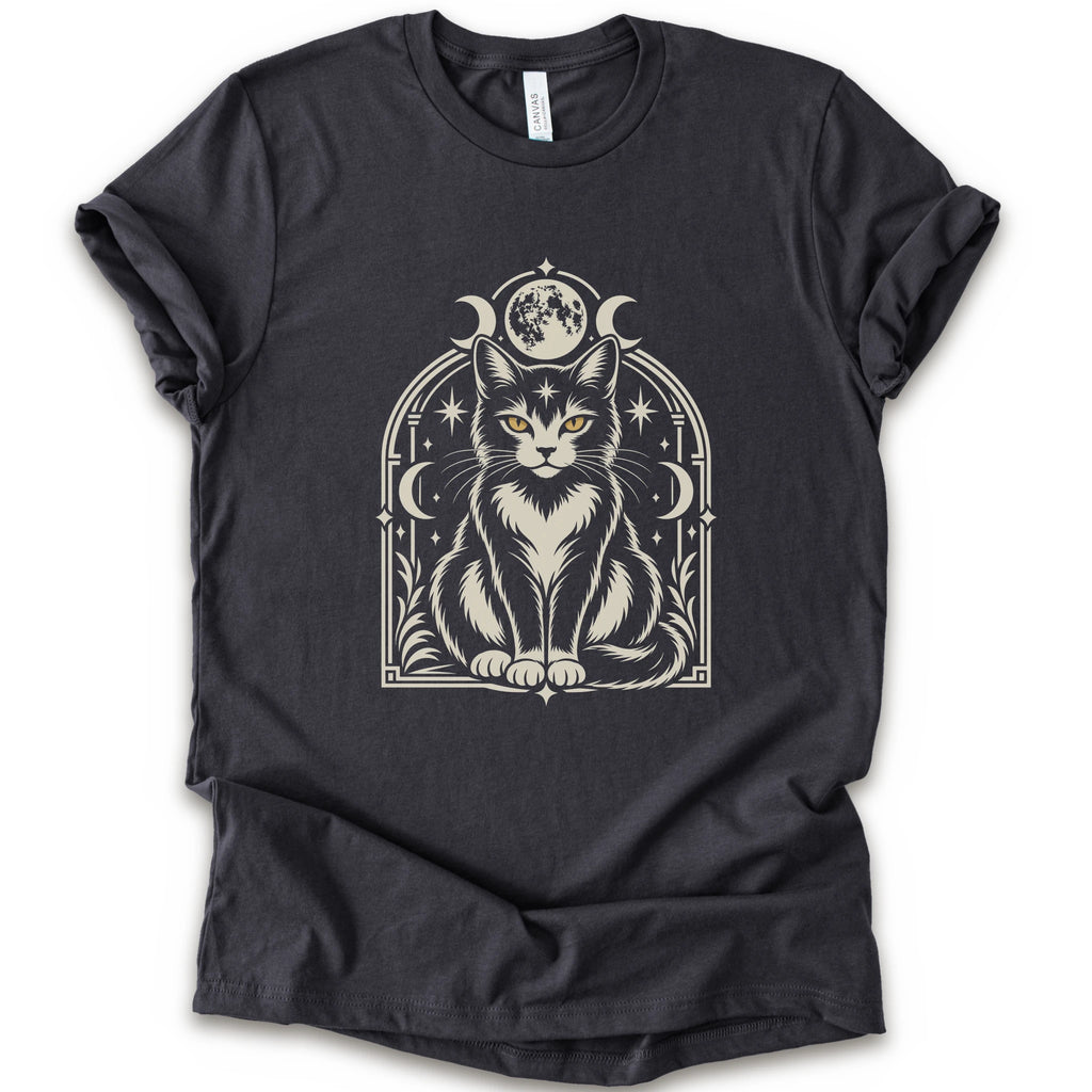 A dark grey short-sleeve crewneck t-shirt featuring a detailed graphic of a black and white cat with yellow eyes, framed by crescent moons and stars.