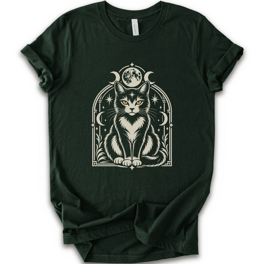 A forest short-sleeve crewneck t-shirt featuring a detailed graphic of a black and white cat with yellow eyes, framed by crescent moons and stars.