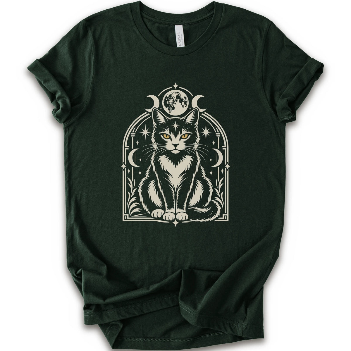 A forest short-sleeve crewneck t-shirt featuring a detailed graphic of a black and white cat with yellow eyes, framed by crescent moons and stars.