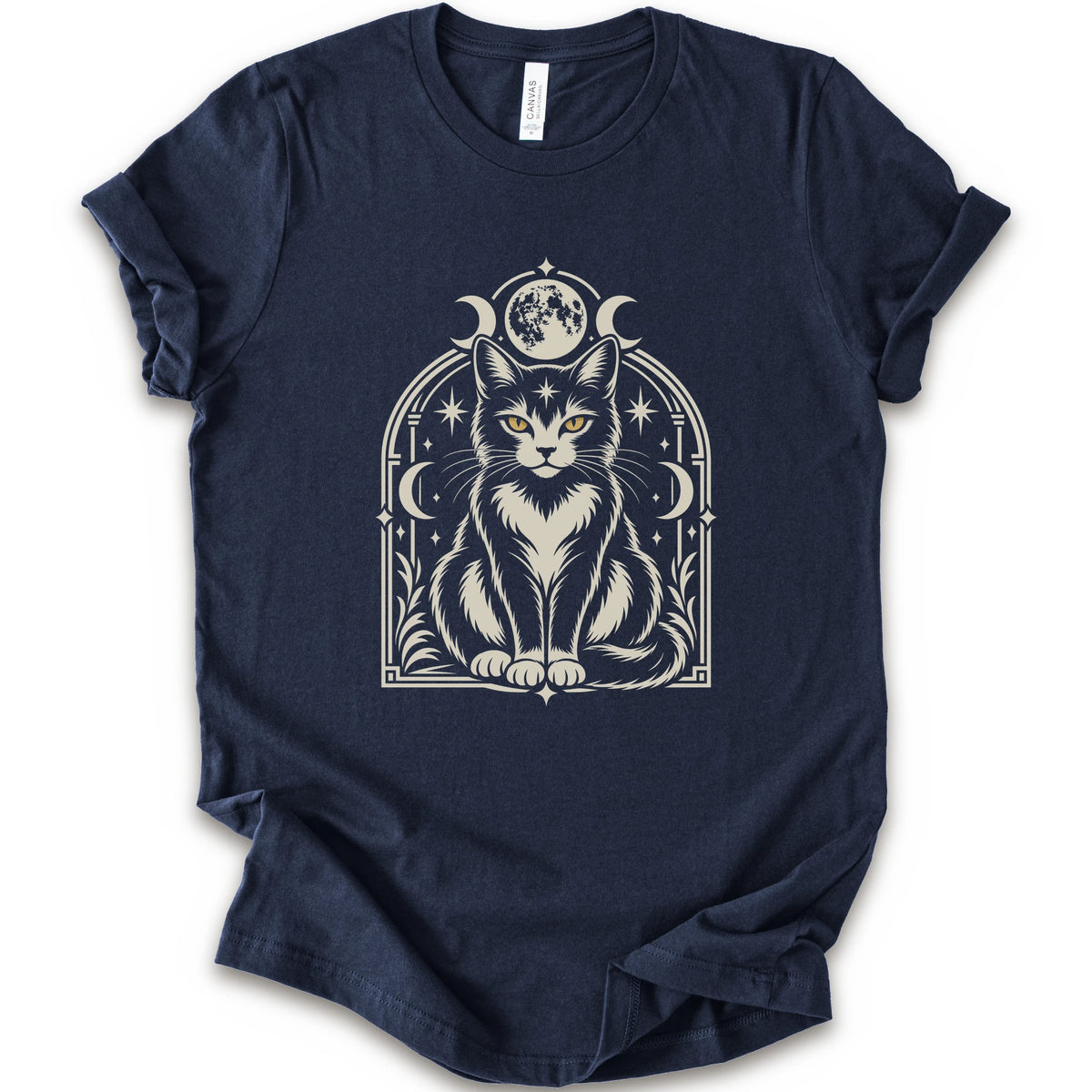 A navy short-sleeve crewneck t-shirt featuring a detailed graphic of a black and white cat with yellow eyes, framed by crescent moons and stars.