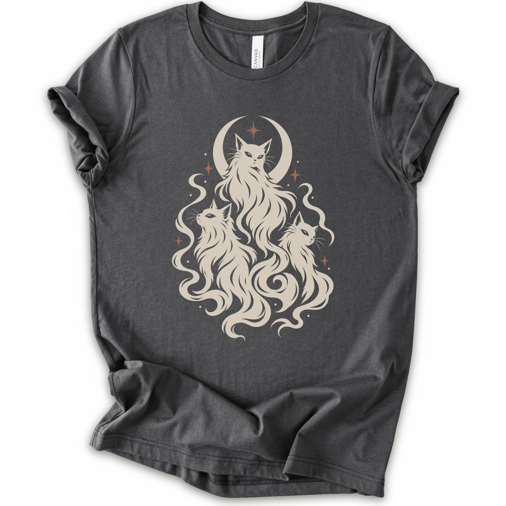 An asphalt short-sleeve crewneck t-shirt featuring a cream-colored graphic of three cats with long flowing hair in front of a crescent moon and stars.