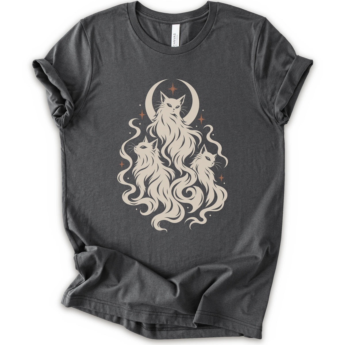An asphalt short-sleeve crewneck t-shirt featuring a cream-colored graphic of three cats with long flowing hair in front of a crescent moon and stars.