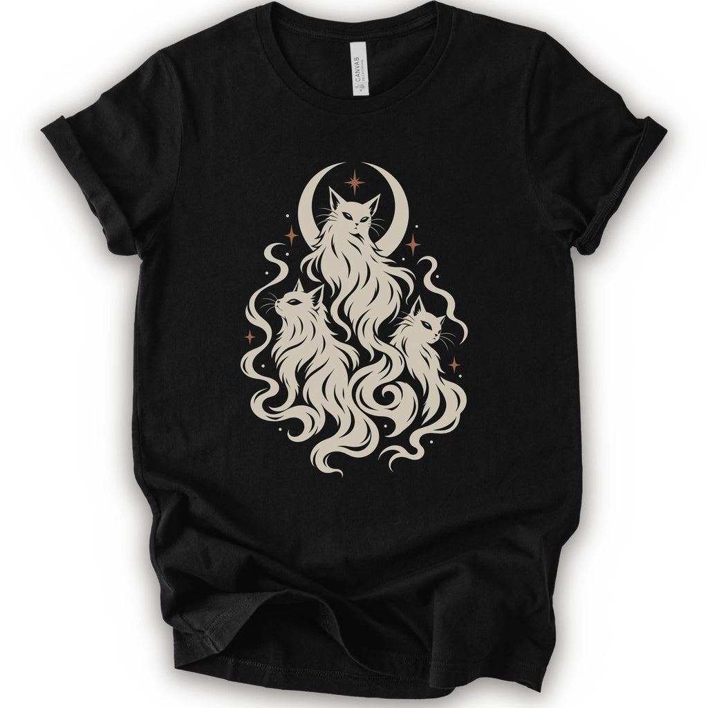 A black short-sleeve crewneck t-shirt featuring a cream-colored graphic of three cats with long flowing hair in front of a crescent moon and stars.