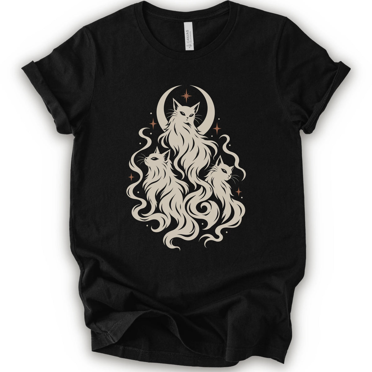 A black short-sleeve crewneck t-shirt featuring a cream-colored graphic of three cats with long flowing hair in front of a crescent moon and stars.