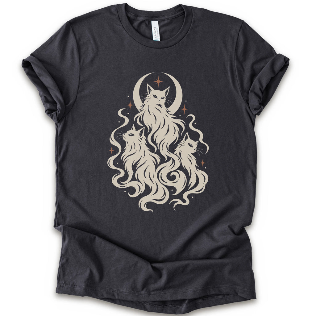 A dark grey short-sleeve crewneck t-shirt featuring a cream-colored graphic of three cats with long flowing hair in front of a crescent moon and stars.