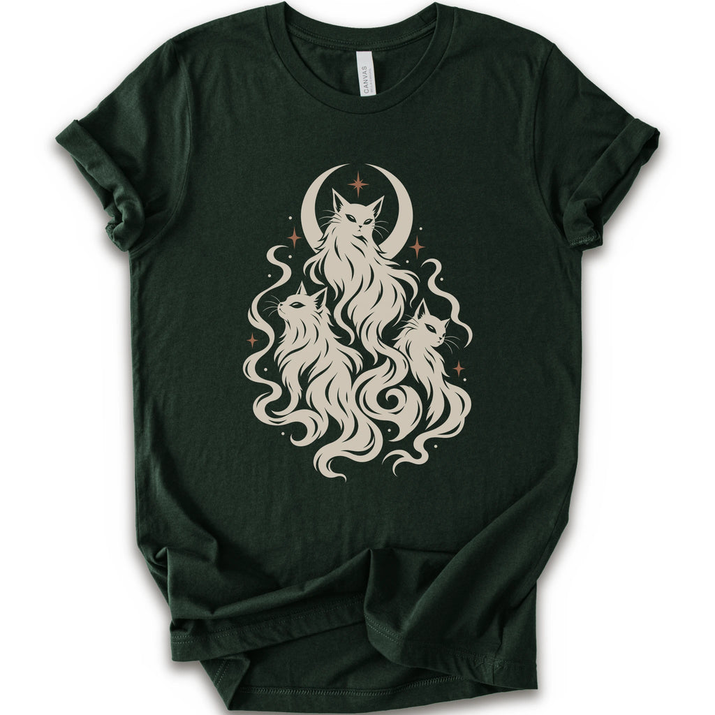 A forest short-sleeve crewneck t-shirt featuring a cream-colored graphic of three cats with long flowing hair in front of a crescent moon and stars.