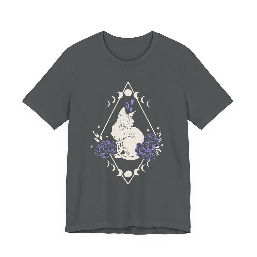 A asphalt short-sleeve crewneck t-shirt featuring a graphic with white Sphynx cat with moon phases, crystals, peonies and geometric diamond line art