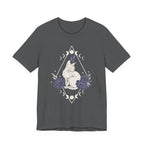 A asphalt short-sleeve crewneck t-shirt featuring a graphic with white Sphynx cat with moon phases, crystals, peonies and geometric diamond line art