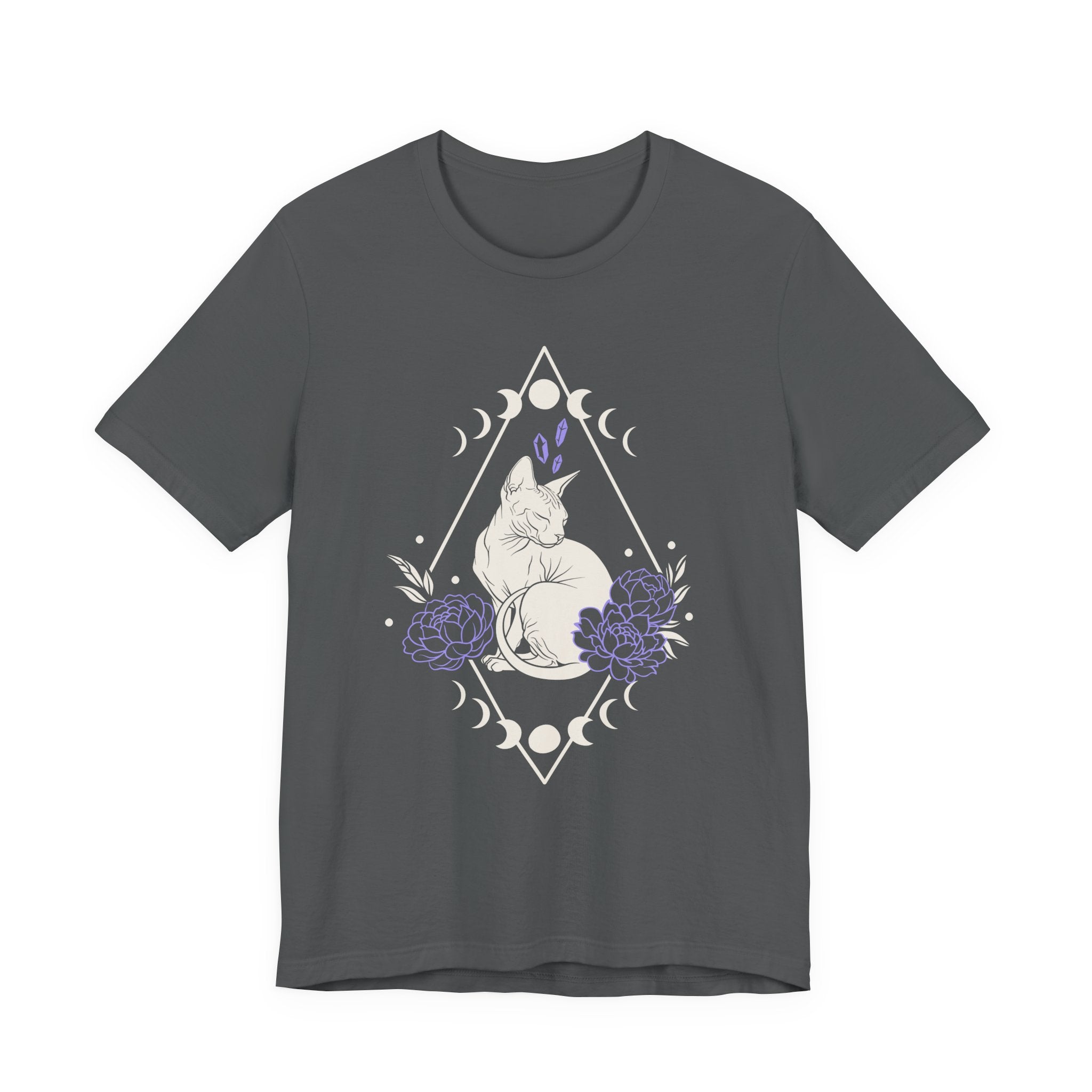A asphalt short-sleeve crewneck t-shirt featuring a graphic with white Sphynx cat with moon phases, crystals, peonies and geometric diamond line art
