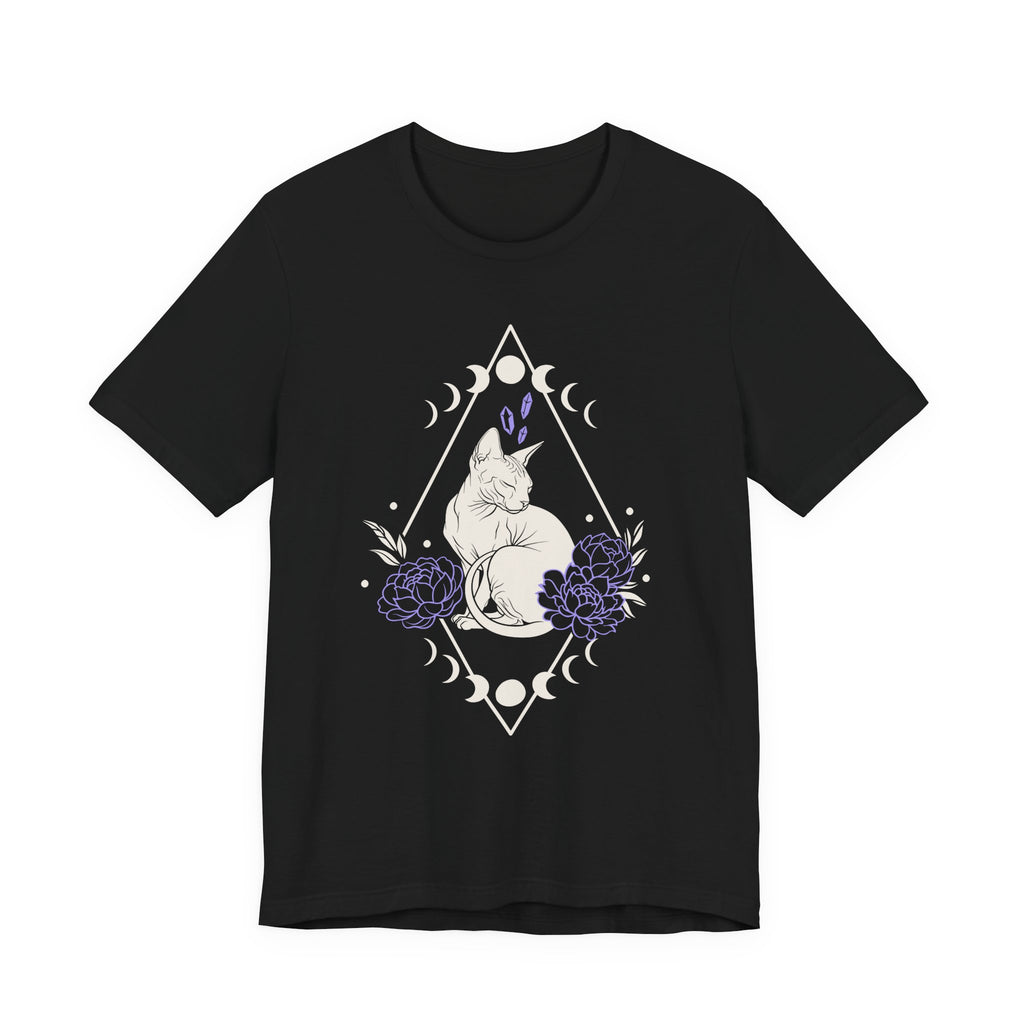 A black short-sleeve crewneck t-shirt featuring a graphic with white Sphynx cat with moon phases, crystals, peonies and geometric diamond line art