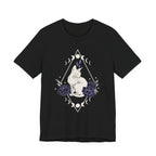 A black short-sleeve crewneck t-shirt featuring a graphic with white Sphynx cat with moon phases, crystals, peonies and geometric diamond line art