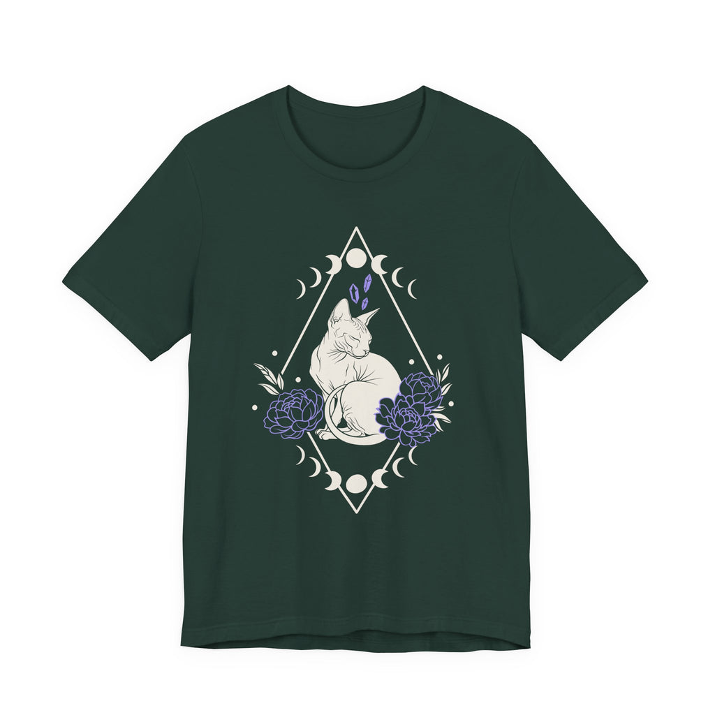A forest short-sleeve crewneck t-shirt featuring a graphic with white Sphynx cat with moon phases, crystals, peonies and geometric diamond line art