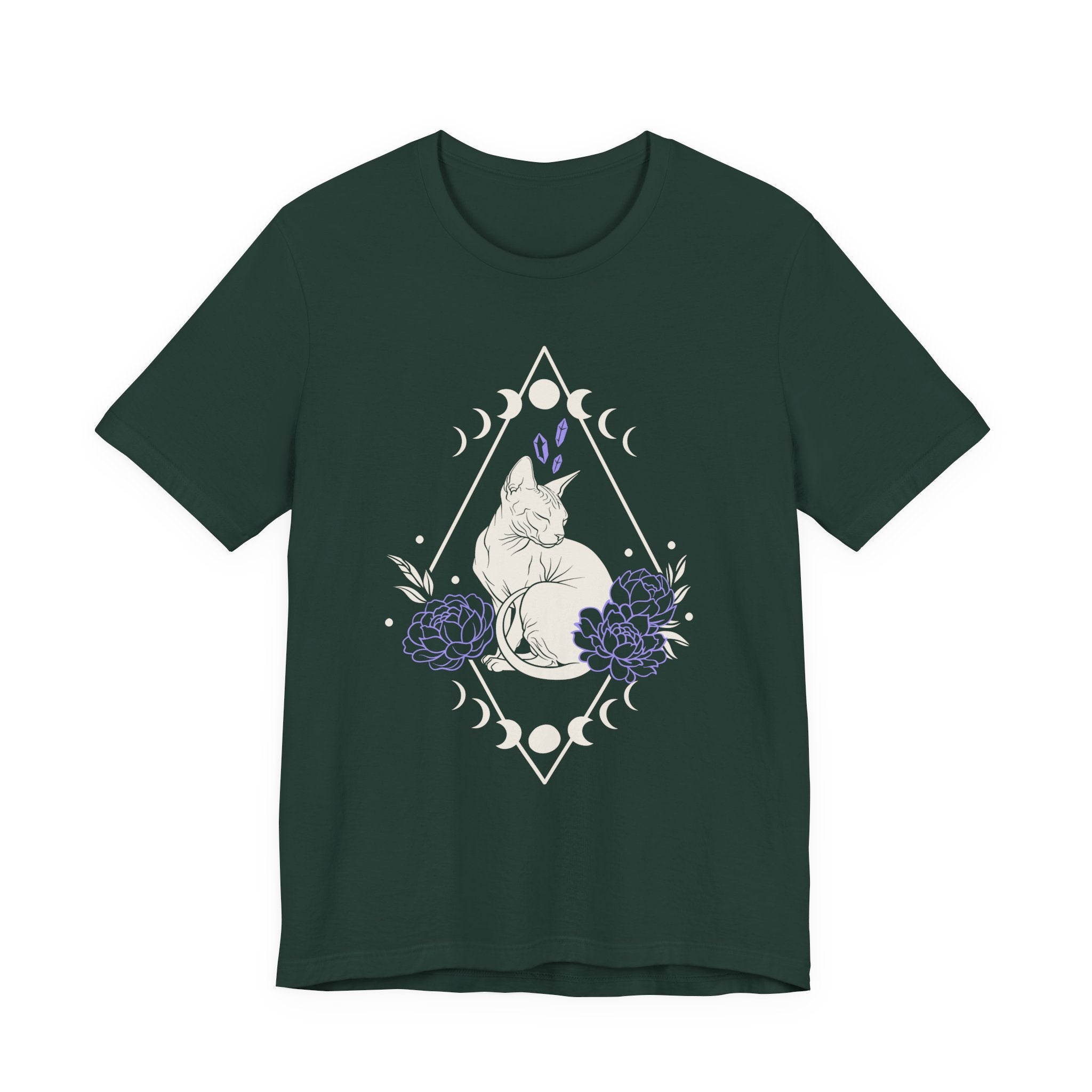 A forest short-sleeve crewneck t-shirt featuring a graphic with white Sphynx cat with moon phases, crystals, peonies and geometric diamond line art