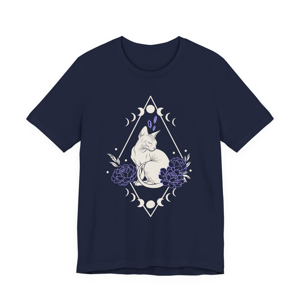 A navy short-sleeve crewneck t-shirt featuring a graphic with white Sphynx cat with moon phases, crystals, peonies and geometric diamond line art