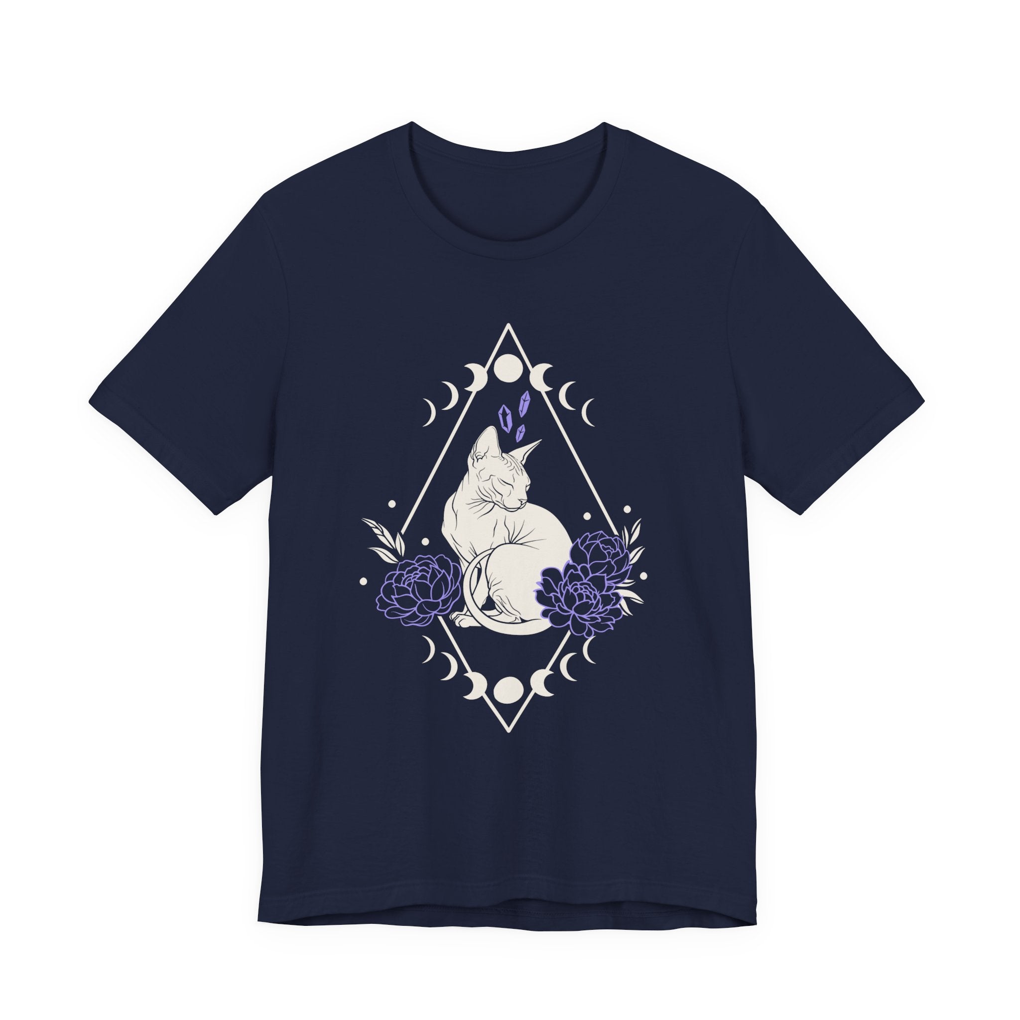 A navy short-sleeve crewneck t-shirt featuring a graphic with white Sphynx cat with moon phases, crystals, peonies and geometric diamond line art