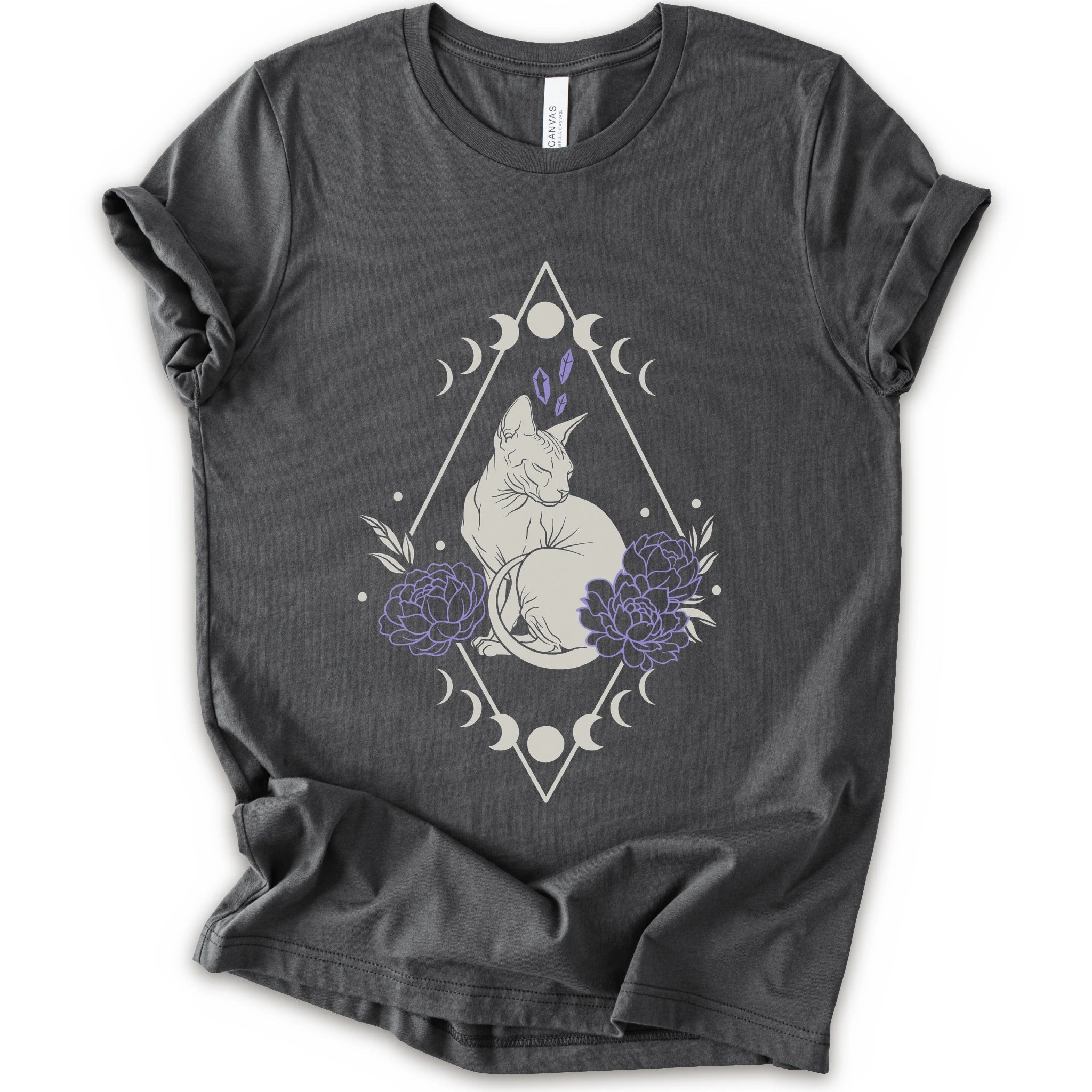 Asphalt graphic t-shirt with white Sphynx cat with lavender flowers, crystals, moon phases and a geometric celestial frame