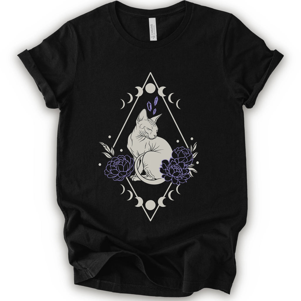 Black graphic t-shirt with white Sphynx cat with lavender flowers, crystals, moon phases and a geometric celestial frame
