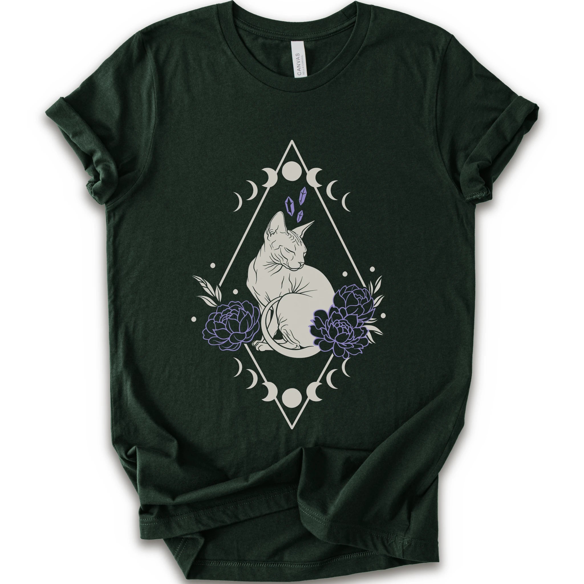 Forest graphic t-shirt with white Sphynx cat with lavender flowers, crystals, moon phases and a geometric celestial frame