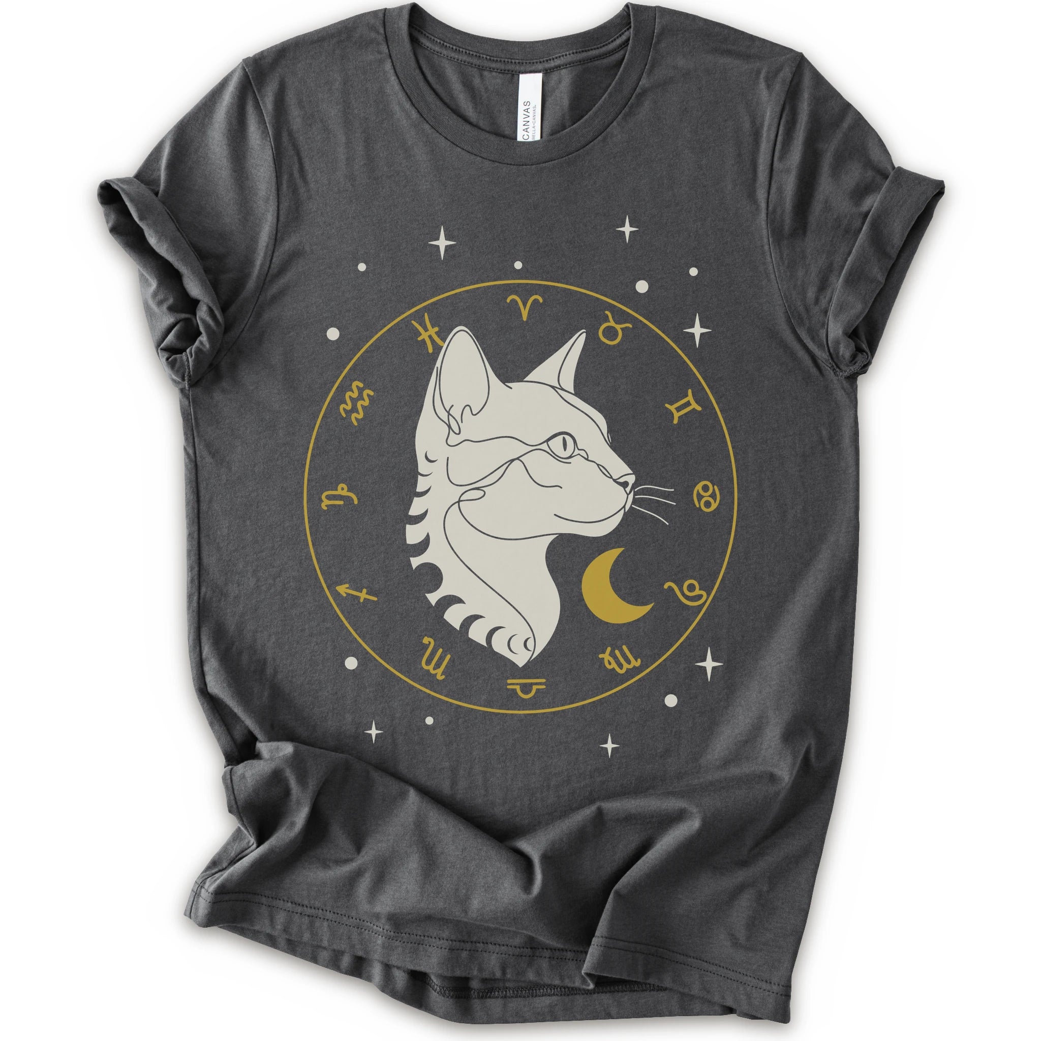 An asphalt short-sleeve crewneck t-shirt featuring a graphic of a white cat profile inside a gold zodiac wheel with a crescent moon and stars.