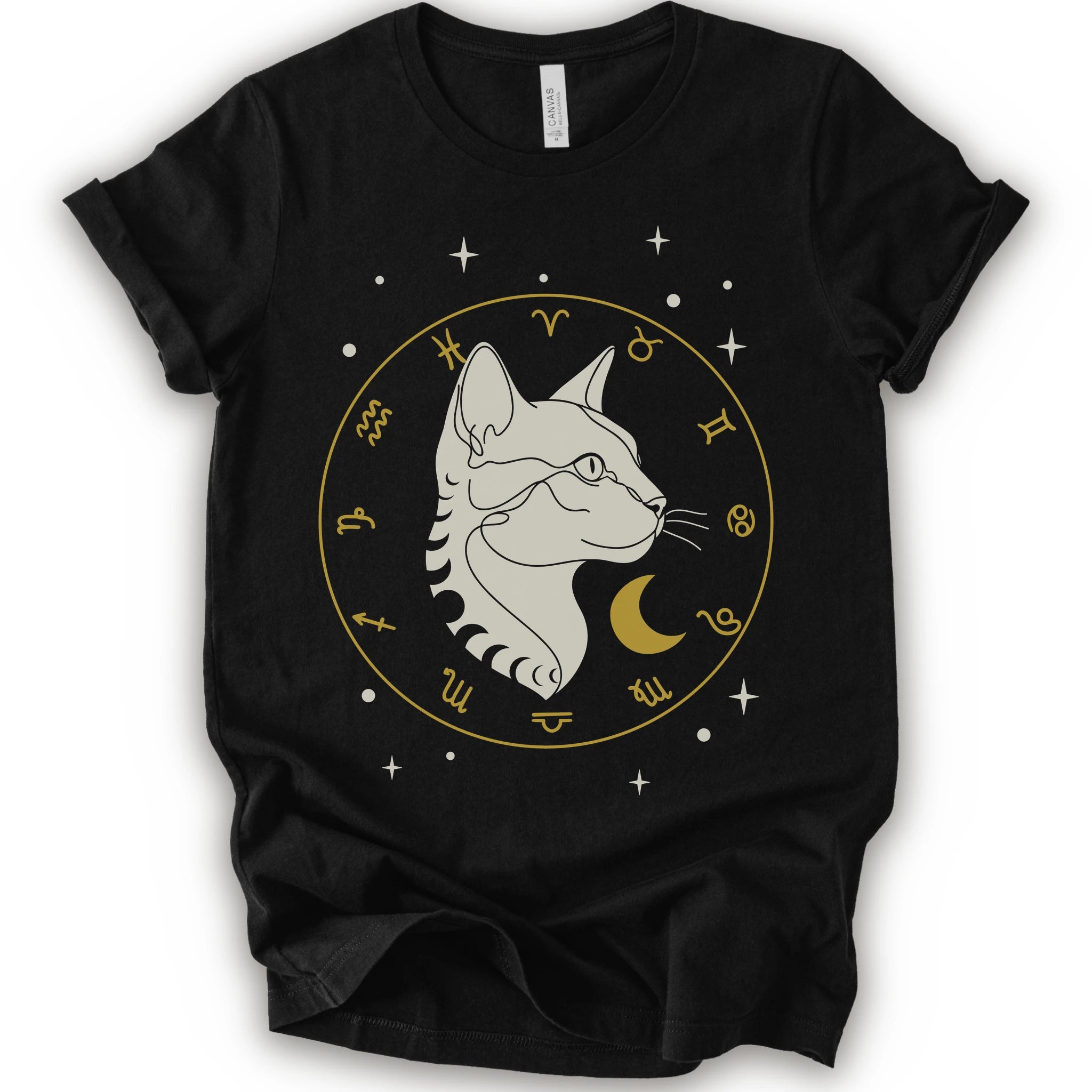 A black short-sleeve crewneck t-shirt featuring a graphic of a white cat profile inside a gold zodiac wheel with a crescent moon and stars.